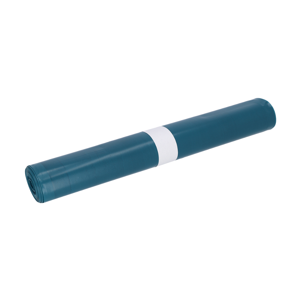 Eine blaugrüne Rolle DEISS Müllsäcke aus LDPE, 90396, 200 Liter, Typ 100, von EMIL DEISS KG (GmbH + Co.) ist in der Mitte mit einem weißen Papierband versehen. Sie ist auf einem schlichten weißen Hintergrund angebracht und somit ideal für eine effiziente Abfallbewirtschaftung.