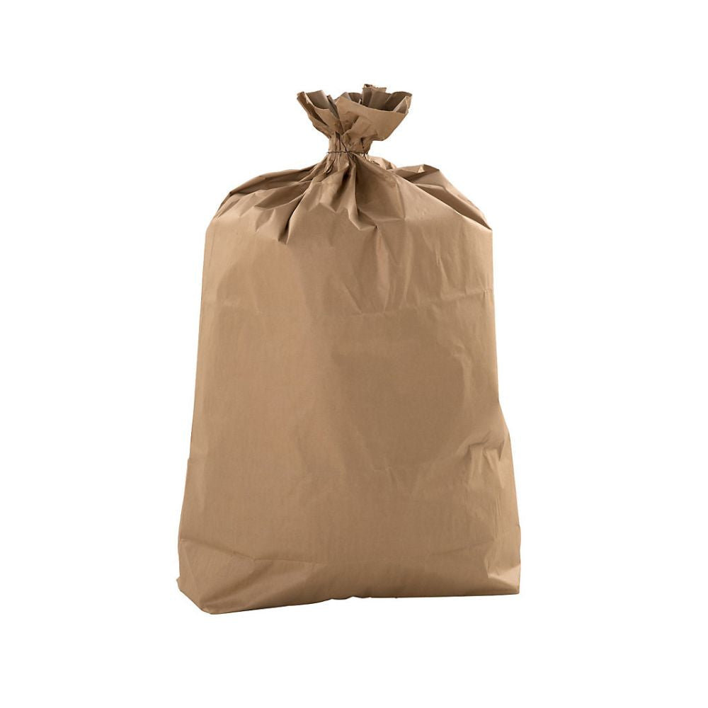 Ein DEISS Papiersack 120 Liter von EMIL DEISS KG (GmbH + Co.), aus einem Bündel von 25 Stück, ist gefüllt, oben zugebunden und steht aufrecht vor einem schlichten weißen Hintergrund.