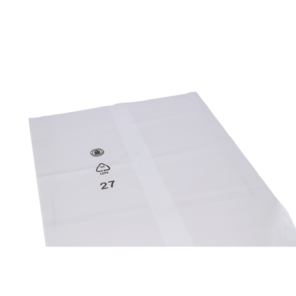 Abgebildet ist ein flacher, transparenter DEISS Premium Abfallsack aus LDPE (180L, 99129) von EMIL DEISS KG (GmbH + Co.) auf weißem Hintergrund. Er ist mit Recyclingsymbolen und der schwarz aufgedruckten Zahl 27 für nachhaltige Nutzung versehen.