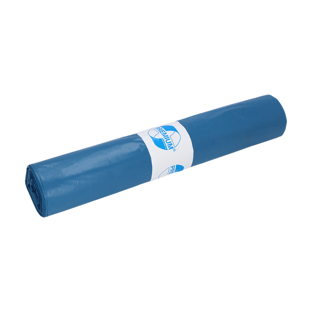 Eine Rolle DEISS Premium Müllsäcke, Modell 90059, mit blauen 140-Liter-Säcken von EMIL DEISS KG (GmbH + Co.), ist in der Mitte mit einem weißen Etikett mit blauem Logo und Text versehen. Diese Säcke bestehen aus recyceltem LDPE und sind sauber zu einer kompakten zylindrischen Form gerollt.