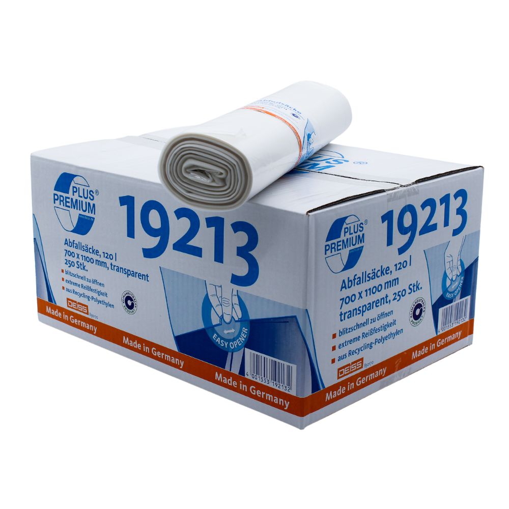 Das Bild zeigt eine Kiste mit der Aufschrift „DEISS Premium Plus® 120 Liter Abfallsäcke Typ 60 19213“ von EMIL DEISS KG (GmbH + Co.), die transparente Müllsäcke mit den Maßen 700 x 1100 mm und einem Fassungsvermögen von 120 Litern enthält. Diese in Deutschland aus recyceltem Material hergestellten Säcke unterstreichen die Nachhaltigkeit, wobei die Rolle oben teilweise sichtbar ist.