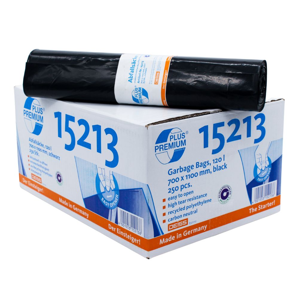 In einem weißen Karton mit der Aufschrift „15213“ der Firma EMIL DEISS KG (GmbH + Co.) befinden sich Recycling-LDPE-Abfallbeutel DEISS Premium Plus® Abfallsäcke Typ 60 schwarz, 120 Liter, Größe 700 x 1100 mm. Sie enthalten 25 Stück, lassen sich leicht öffnen, sind besonders reißfest und werden klimaneutral in Deutschland hergestellt.
