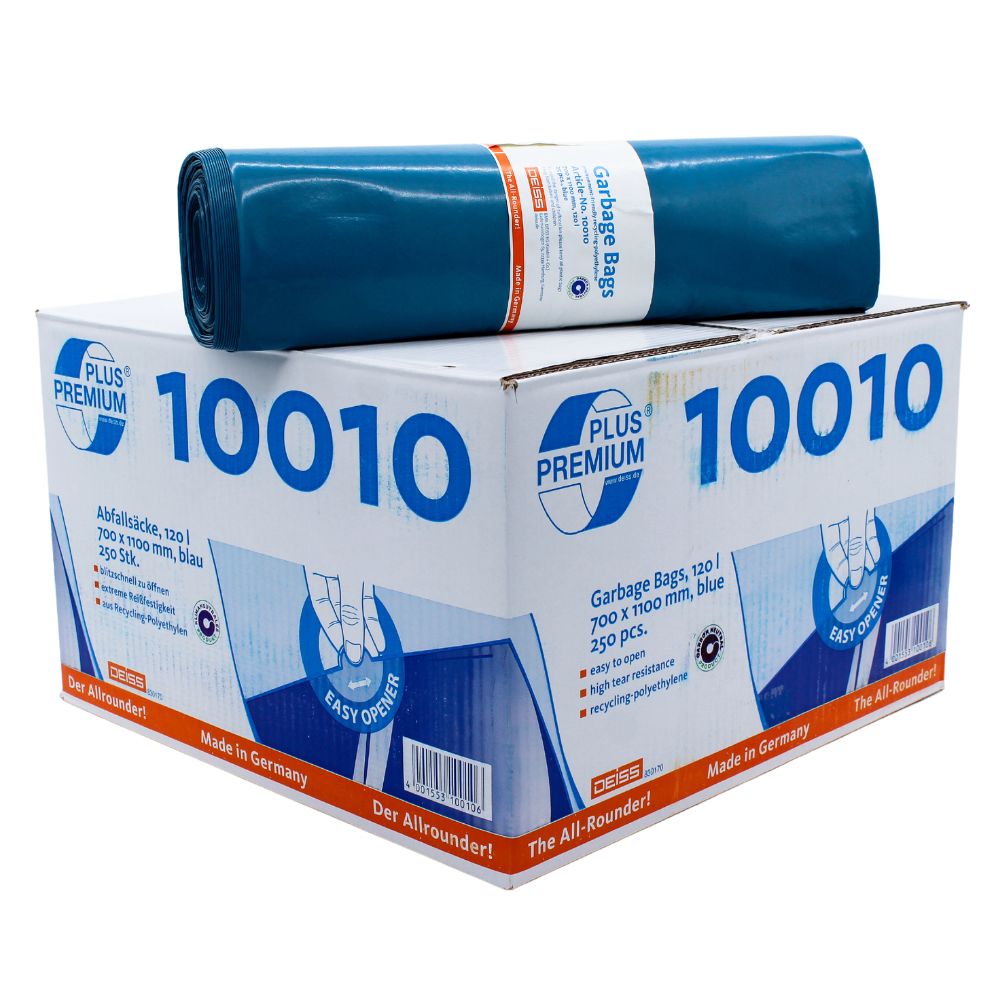 Ein großer weißer Karton mit blauem Text und Grafik, beschriftet mit „DEISS Premium Plus® Typ-100 Abfallsäcke 10010“, enthält blaue Müllsäcke der Marke EMIL DEISS KG (GmbH + Co.) Müllsack. Oben auf dem Karton ist ein aufgerollter Müllsack abgebildet. Die Verpackung hebt ihre Abmessungen „700 x 1100 mm, blau, 250 Stück“ und „Made in Germany“ hervor und betont damit ihre klimaneutralisierten Eigenschaften.