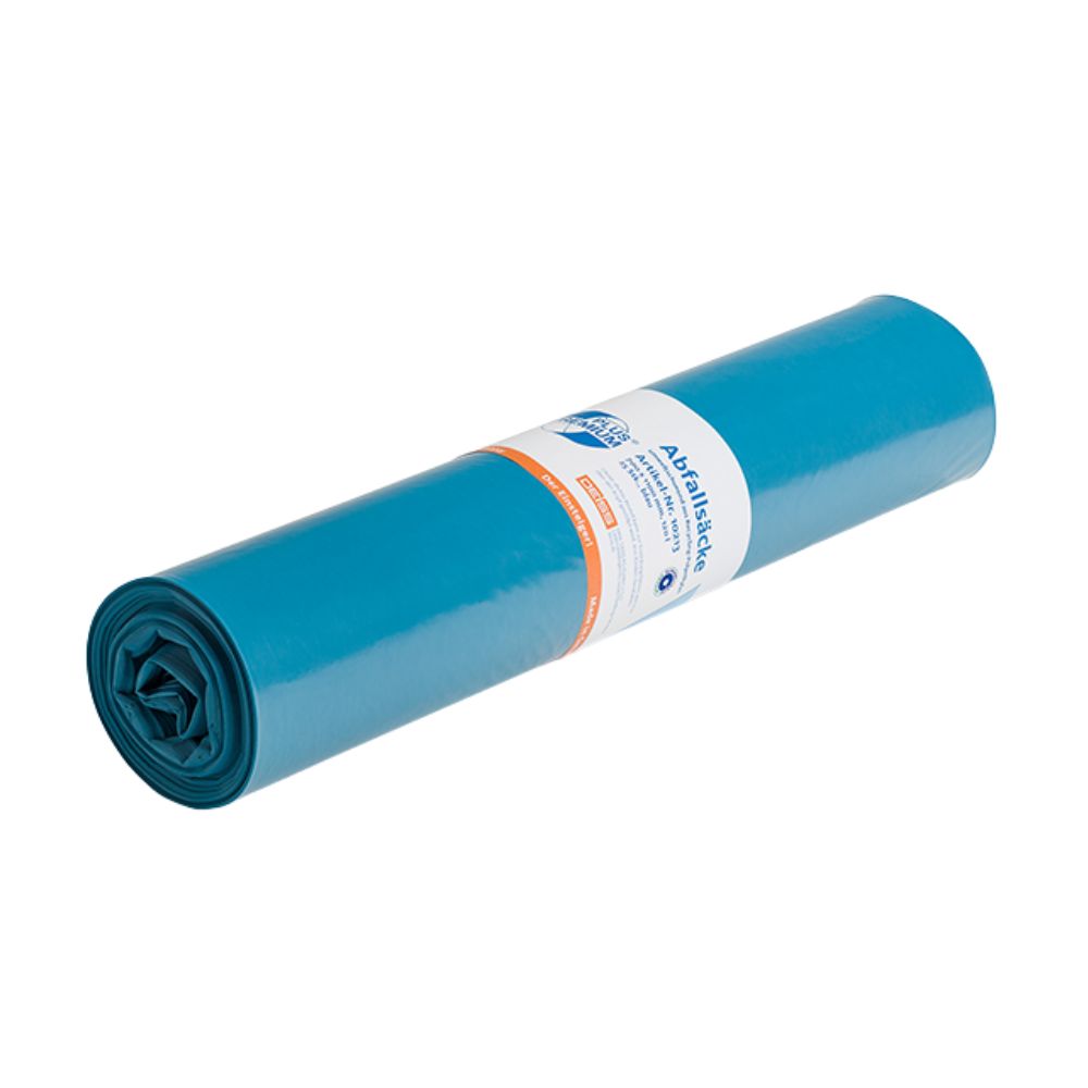 Eine blaue Rolle DEISS Premium Plus® Typ-60 Abfallsäcke 10213 mit einem Fassungsvermögen von 120 Litern ist sauber verpackt und hat in der Mitte ein weißes Etikett. Diese mit Text und Logos versehenen Säcke der EMIL DEISS KG (GmbH + Co.) sind aus Recyclingmaterial gefertigt und eignen sich daher perfekt für eine effiziente Abfallentsorgung.