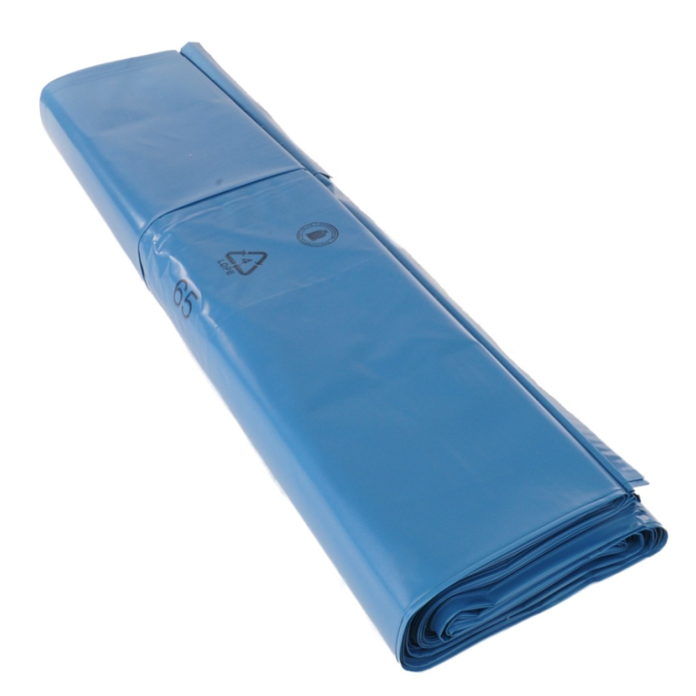 Abgebildet ist ein Stapel blauer EMIL DEISS KG Müllsäcke (660+520x1500x0,1mm, 100my), ideal als Abfallsack 240 Liter Typ 150 für effizientes Abfallmanagement. Der Karton enthält 80 Rollen. Recycling- und Wertstoffsymbole sind auf dem Oberbeutel abgebildet.
