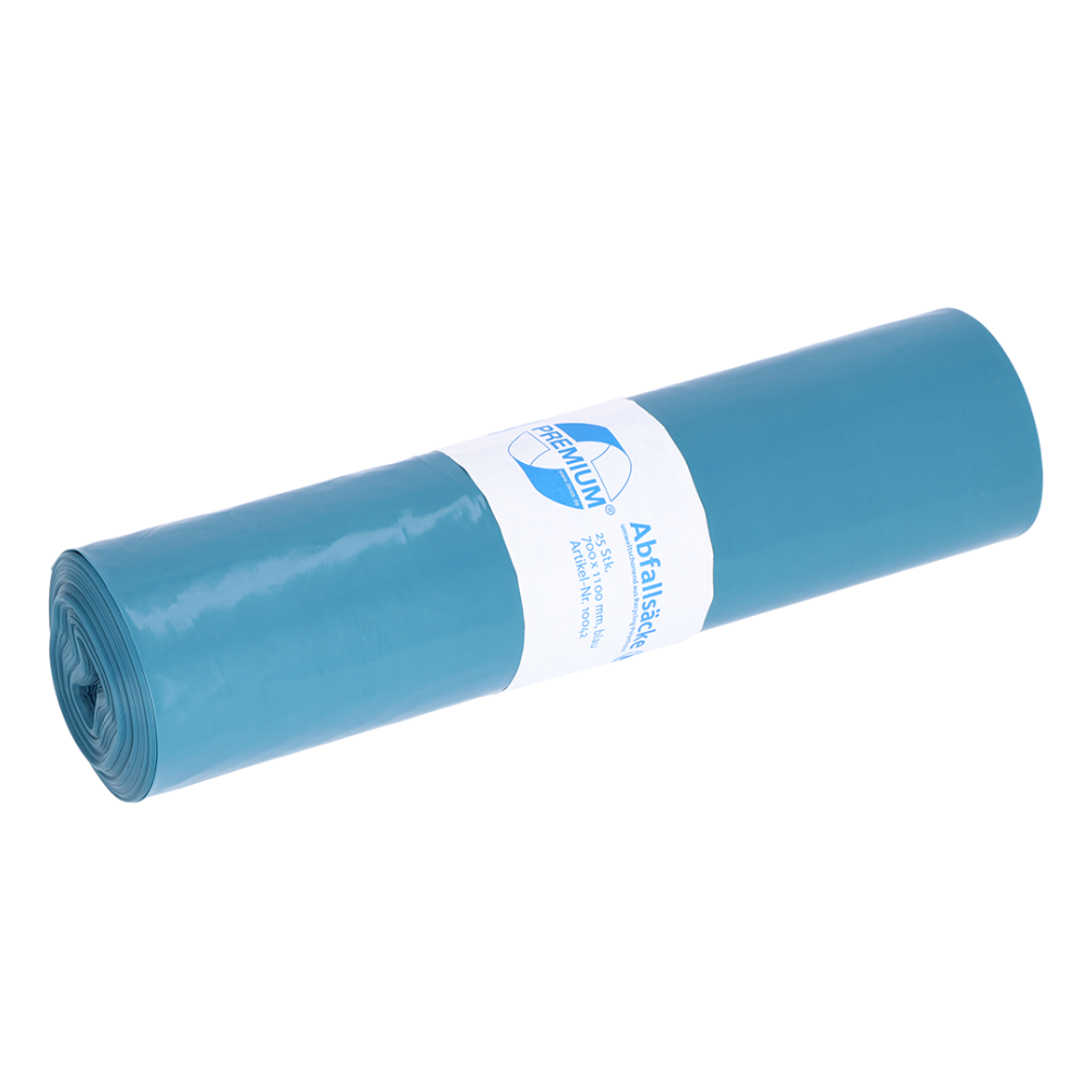Eine kompakte Rolle blauer Müllsäcke aus Recyclingmaterial von EMIL DEISS KG (GmbH + Co.). Jeder Sack hat in der Mitte ein weißes Etikett mit Text und Logo und ist für ein Fassungsvermögen von bis zu 120 Litern Abfall ausgelegt.