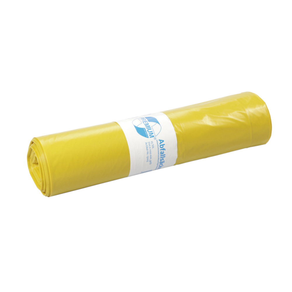 Eine Rolle DEISS Premium® Typ 100 Abfallsäcke 13003 mit einem Fassungsvermögen von 120 Litern ist sauber verpackt und hat in der Mitte ein weiß-blaues Etikett. Horizontal auf weißem Untergrund positioniert, betonen diese Müllsäcke der EMIL DEISS KG (GmbH + Co.) ihre Zuverlässigkeit als vielseitig einsetzbares Recyclingmaterial.