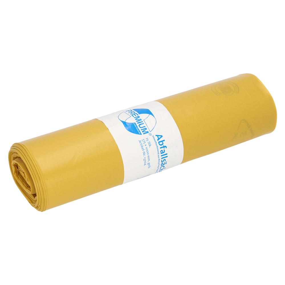 Eine Rolle DEISS Premium 13704 Abfallsäcke von EMIL DEISS KG (GmbH + Co.) in Gelb aus Recyclingmaterial hat ein Fassungsvermögen von 70 Litern. Sie ist mit einem weißen Etikett mit blauem Text und Grafiken umwickelt.