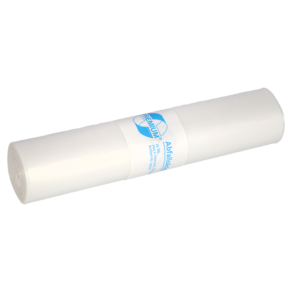 Eine Rolle Abfallsäcke DEISS Premium® Typ 60 Abfallsäcke 19029 von EMIL DEISS KG (GmbH + Co.) mit einem Fassungsvermögen von bis zu 120 Litern und einem blauen Etikett rundherum wird vor einem schlichten weißen Hintergrund präsentiert. Eine ideale Wahl für alle, die robuste Lösungen für Recyclingmaterial benötigen.