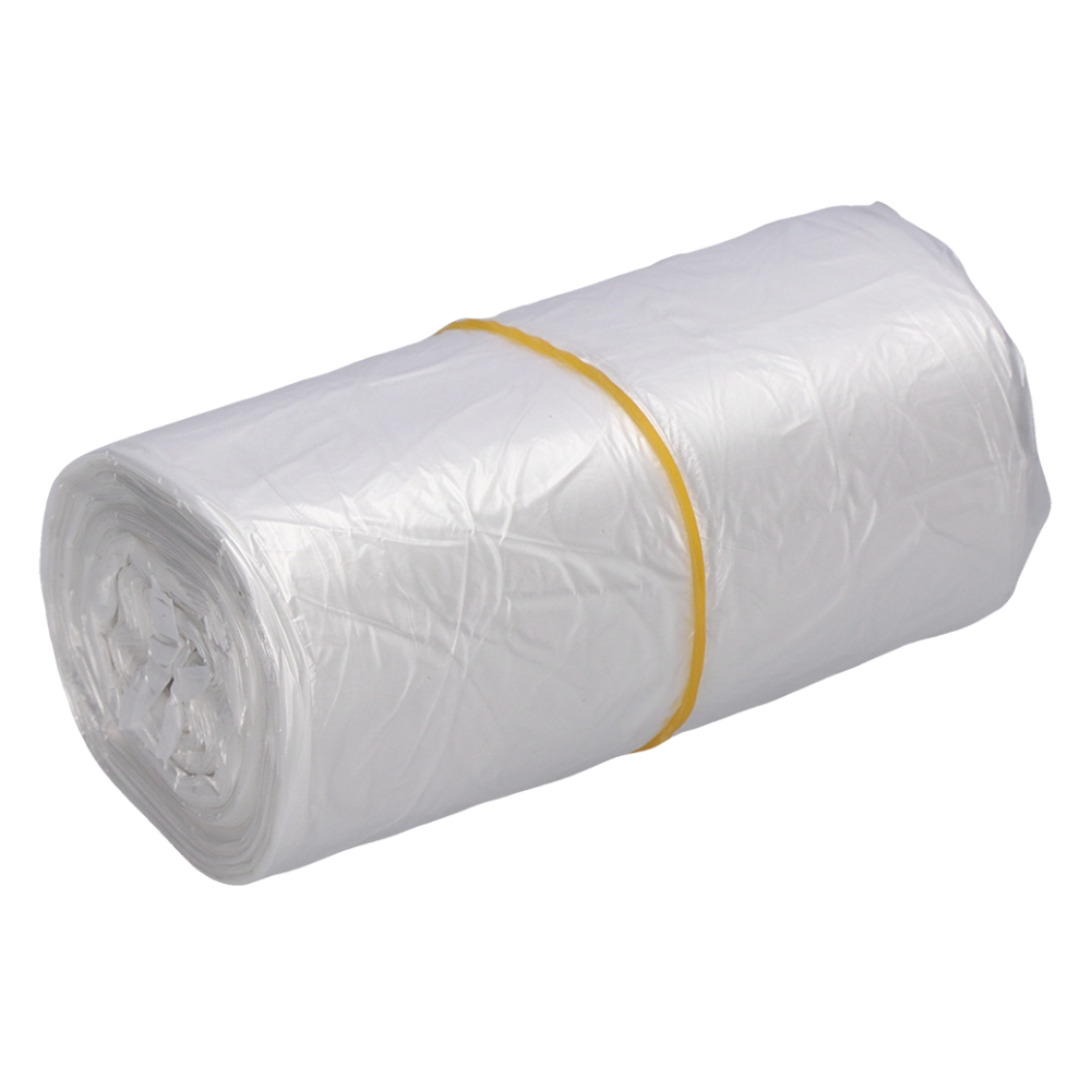 Eine Rolle DEISS Standard® Müllbeutel 59815, Transparent, 10 Liter – verpackt von EMIL DEISS KG (GmbH + Co.) und mit einem gelben Gummiband gesichert – liegt auf einem schlichten weißen Untergrund.