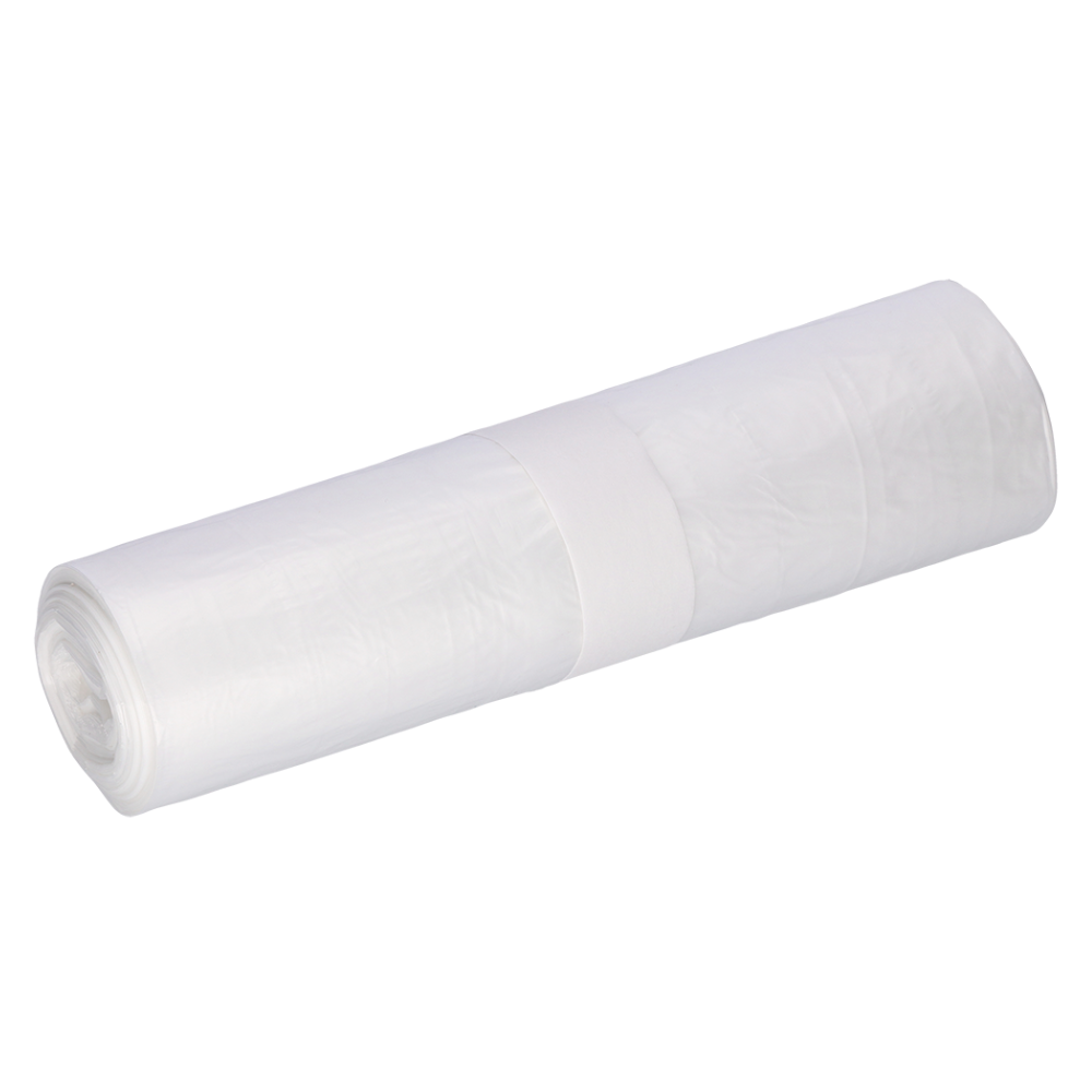 Auf einem weißen Hintergrund ist eine Rolle transparenter DEISS Standard® Müllbeutel 59820 aus langlebigem Recyclingmaterial der EMIL DEISS KG (GmbH + Co.) abgebildet. Die 40-Liter-Rolle ist fest aufgewickelt und in der Mitte mit einem einzelnen überlappenden Etikett gesichert.