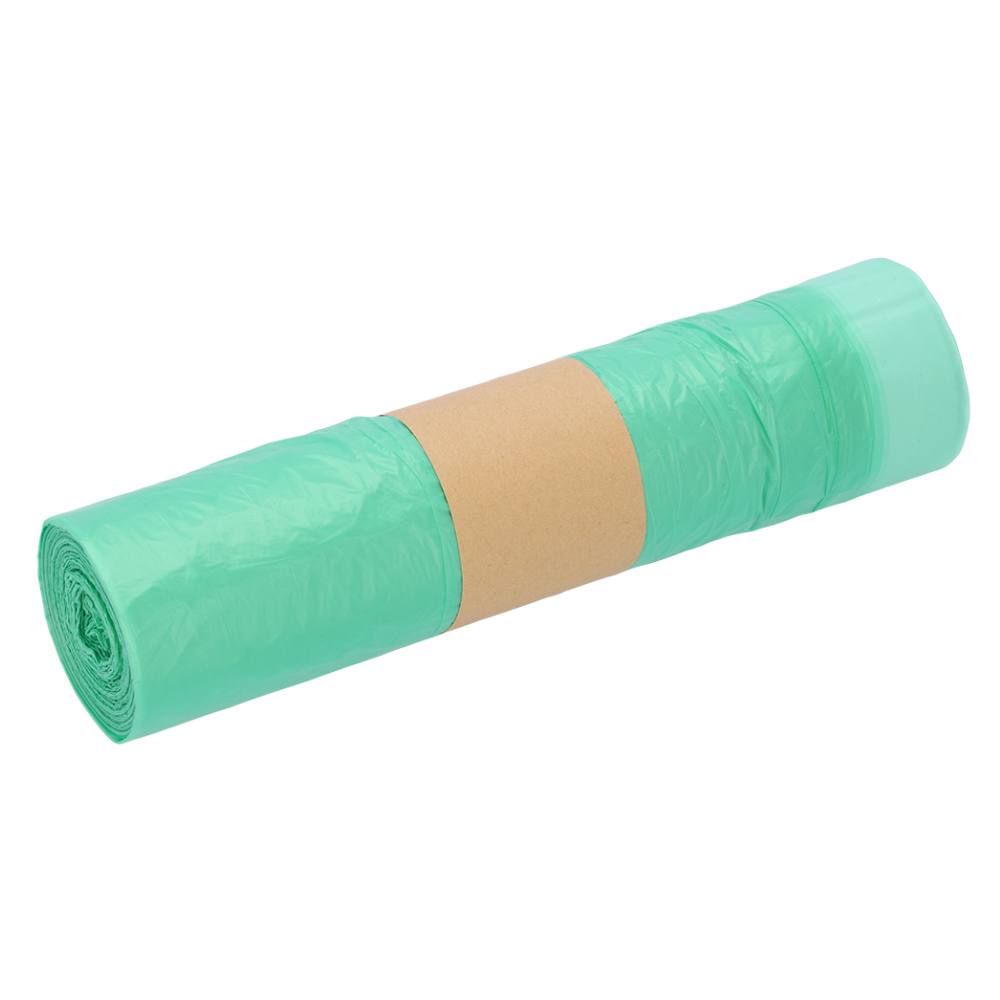 Eine Rolle Zugbandsäcke aus HDPE, 1A-Material von EMIL DEISS KG (GmbH + Co.), mit einer braunen Banderole aus Papier in der Mitte, unterstreicht ihre Reißfestigkeit. Die 60-Liter-Säcke sind fest gerollt, um ihre Sicherheitsverpackung vor einem sauberen weißen Hintergrund hervorzuheben.
