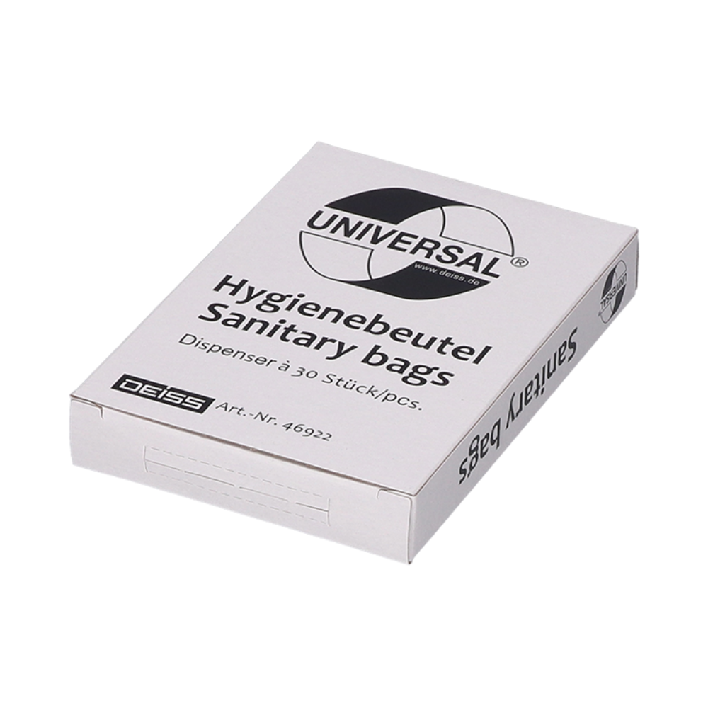Eine weiße Schachtel der EMIL DEISS KG (GmbH + Co.), auf der das Markenlogo prominent abgebildet ist, enthält 30 Universal-Hygienebeutel aus HDPE, Artikel 46922, und unterstreicht damit das Engagement der Marke für Damenhygiene-Grundausstattung.