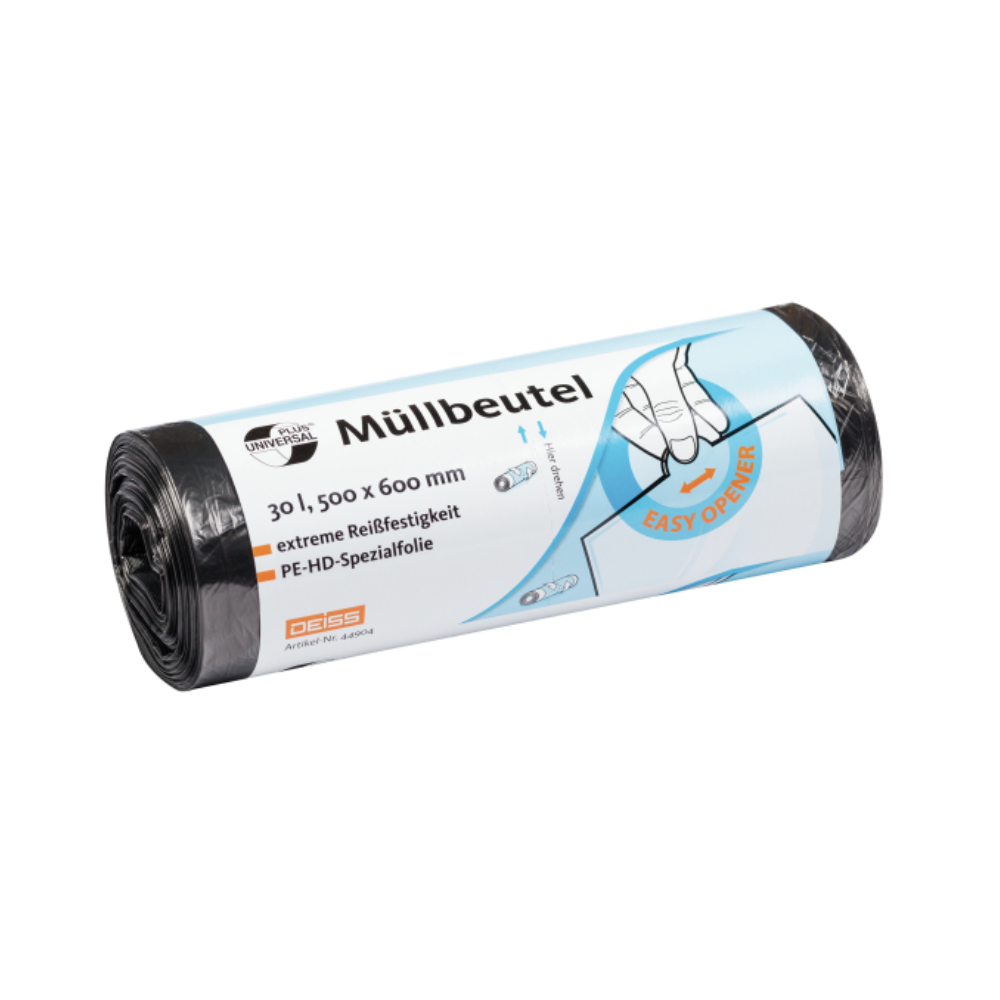 Eine Rolle DEISS Universal Plus® Müllbeutel der Marke EMIL DEISS KG (GmbH + Co.) enthält schwarze Müllbeutel mit einem Fassungsvermögen von 30 Litern und den Abmessungen 500 x 600 mm. Die Verpackung zeichnet sich durch Eigenschaften wie „extreme Reißfestigkeit“ und „einfaches Öffnen“ aus und besteht aus langlebiger HDPE-Folie.