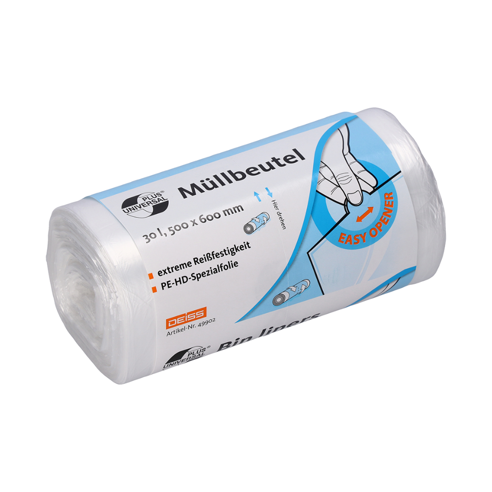 Eine Rolle DEISS Universal Plus® Müllbeutel, 49902 - 30 Liter von EMIL DEISS KG (GmbH + Co.) wird in einer Verpackung geliefert, die ihre Spezifikationen hervorhebt, darunter Abmessungen von 30 Litern und 500 x 600 mm. Jeder Beutel besteht aus PE-HD-Spezialfolie und weist eine außergewöhnliche Reißfestigkeit auf. Eine Abbildung auf der Verpackung zeigt die benutzerfreundliche Easy-Opening-Funktion.