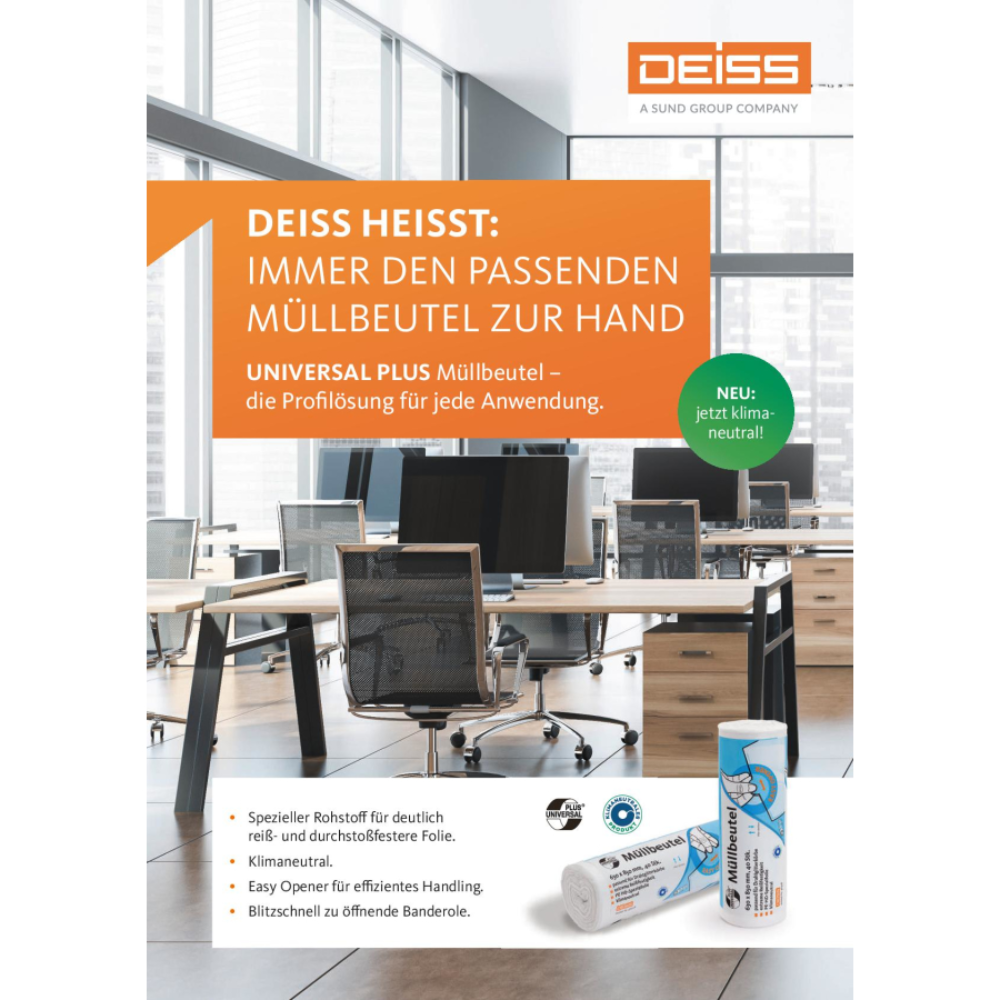 Ein Werbeplakat für die Müllbeutel DEISS 46920 der EMIL DEISS KG, gezeigt in einer modernen Büroumgebung. Der Text hebt die UNIVERSAL PLUS-Serie hervor, die für ihr benutzerfreundliches Design und ihre schnellen Zugriffsfunktionen bekannt ist. Unten rechts auf dem Plakat werden zwei Rollen dieser klimaneutralen Beutel gezeigt, was ihren Status als klimaneutralisierte Müllbeutel und eine nachhaltige Wahl unterstreicht.