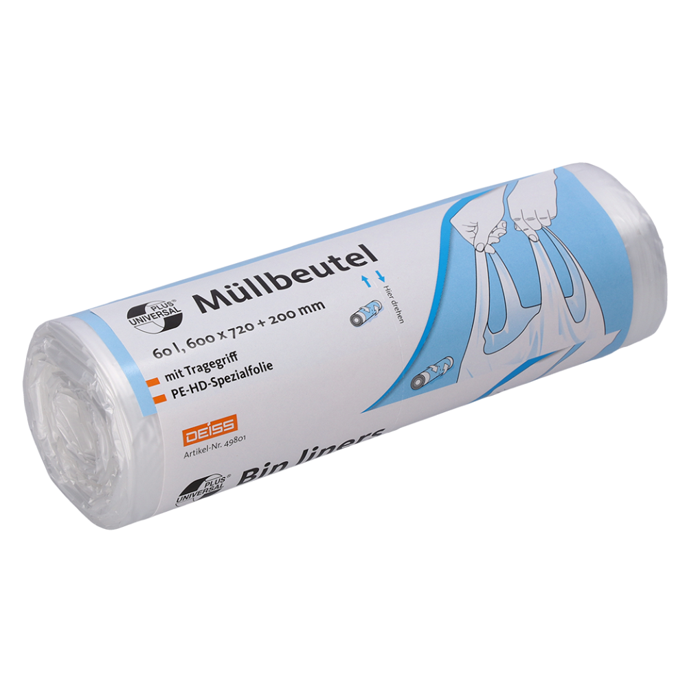 Eine Packung DEISS 49801 Müllbeutel, Größe 600x720+200 mm, enthält 20 transparente Beutel der EMIL DEISS KG (GmbH + Co.). Die Verpackung ist mit einem deutsch- und englischsprachigen Design versehen, das eine Hand zeigt, die den Müllbeutel hält. Die Beutel bestehen aus klimaneutralem PE-HD-Material und sind mit praktischen Tragegriffen ausgestattet.