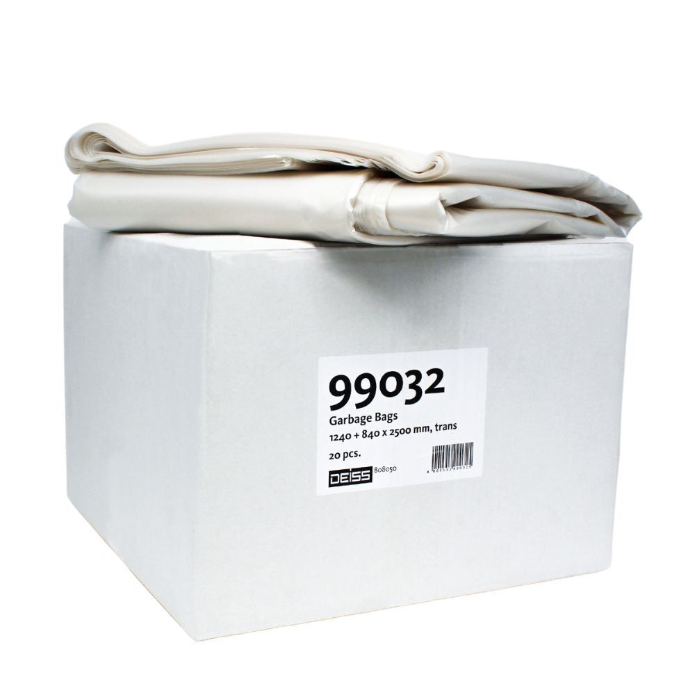 In einem weißen Karton mit der Aufschrift „DEISS Wertstoffsammelsack 99032“ der Firma EMIL DEISS KG befinden sich 20 transparente Wertstoffsammelsäcke aus LDPE der Größe 1240 x 840 x 3500 mm. Oben liegen zwei gefaltete Säcke.