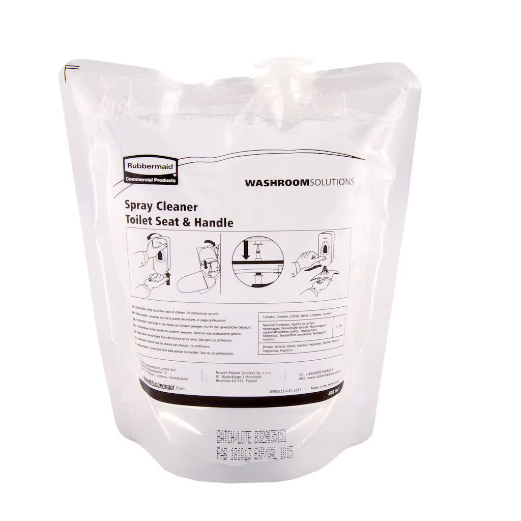 Ein 400 ml Nachfüllbeutel von Diversey Deutschland Toilettensitz-Reiniger, passend für RSZ5607, mit vorgedruckter Anleitung und Abbildungen für hygienische Toilettensitze.
