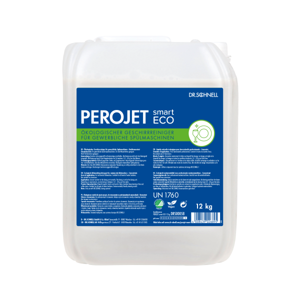Ein weißer 12-kg-Behälter PEROJET smart ECO Geschirrreiniger von DR.SCHNELL, mit blau-grünem Etikett in deutscher Sprache, Teller- und Blattabbildung, und gekennzeichnet als biologisch abbaubar.