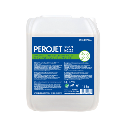 Ein weißer 12 kg Kanister Dr. Schnell PEROJET Geschirrreiniger smart ECO der DR.SCHNELL GmbH & Co. KGaA, mit einem blau-grünen Etikett mit Küchenhygiene-Informationen sowie den deutschen Symbolen "umweltfreundlich" und "biologisch abbaubar".