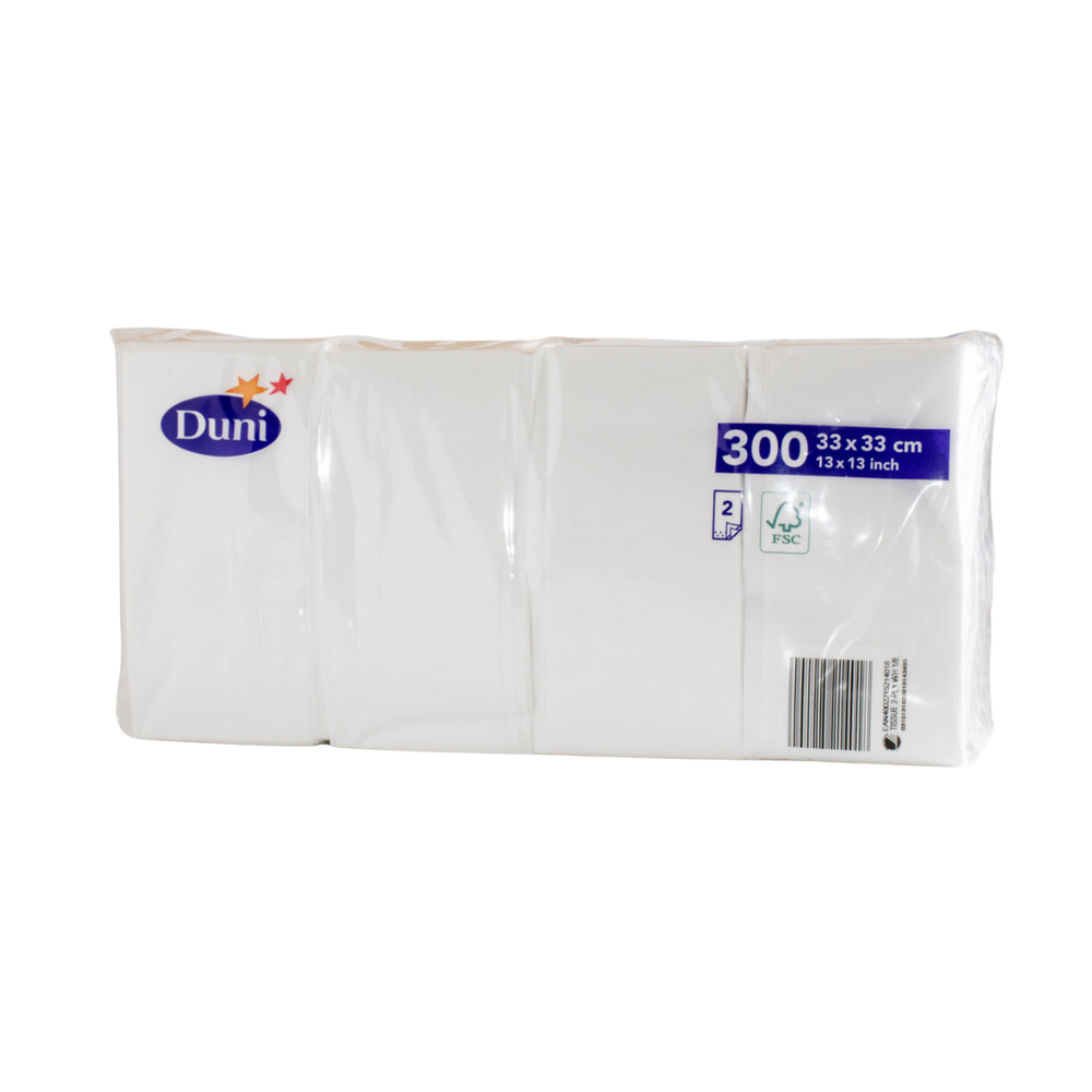 Abgebildet ist eine Packung Zelltuchservietten der Duni GmbH mit 300 weißen, umweltfreundlichen, 2-lagigen Servietten in einer kompakten Größe von 33 x 33 cm. Unten rechts sind das FSC-Logo und ein Barcode abgebildet.