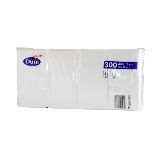 Abgebildet ist eine Packung Zelltuchservietten der Duni GmbH mit 300 weißen, umweltfreundlichen, 2-lagigen Servietten in einer kompakten Größe von 33 x 33 cm. Unten rechts sind das FSC-Logo und ein Barcode abgebildet.