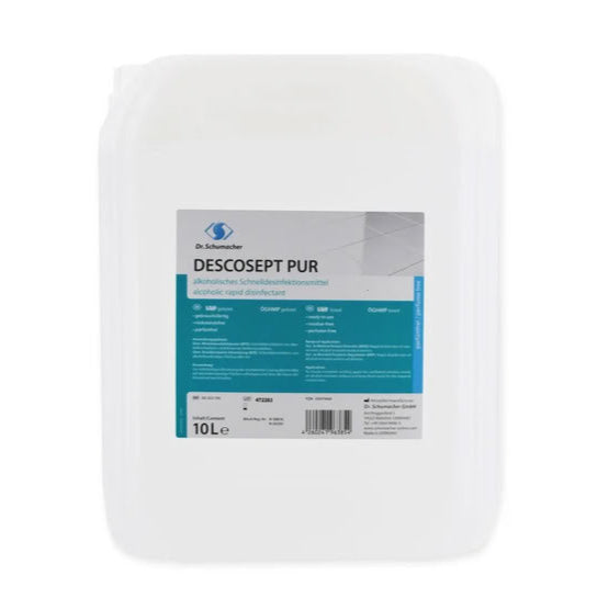 Ein weißer 10-Liter-Kunststoffbehälter der Dr. Schumacher GmbH mit der Aufschrift "Dr. Schumacher DESCOSEPT PUR, Schnelldesinfektion" mit Produktangaben und Anweisungen auf der Vorderseite.
