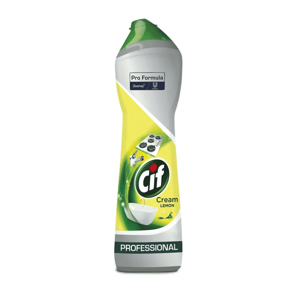 Eine Flasche Professional Scheuermilch mit Zitrusduft von Diversey Deutschland GmbH & Co. OHG, mit grün-gelbem Etikett, Bildern von Spüle und Herd, ideal für hartnäckige Flecken und geeignet für empfindliche Oberflächen.
