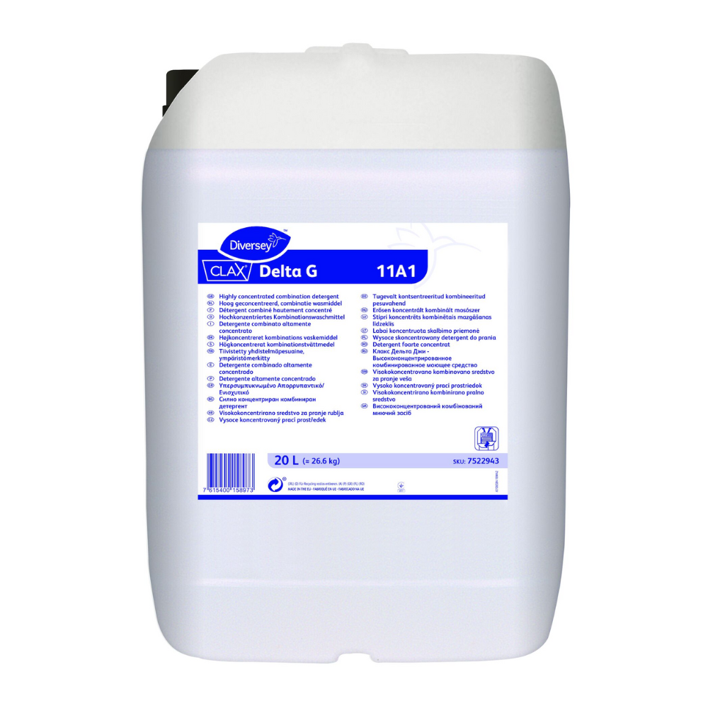Ein 20-Liter-Kanister Clax Delta G 11A1, ein hochkonzentriertes Kombinationswaschmittel für Buntwäsche von Diversey Deutschland GmbH & Co. OHG. Das für professionelle Wäschereien konzipierte Etikett enthält Anweisungen und Sicherheitsinformationen in mehreren Sprachen. Der Behälter ist weiß mit blauem und violettem Text.