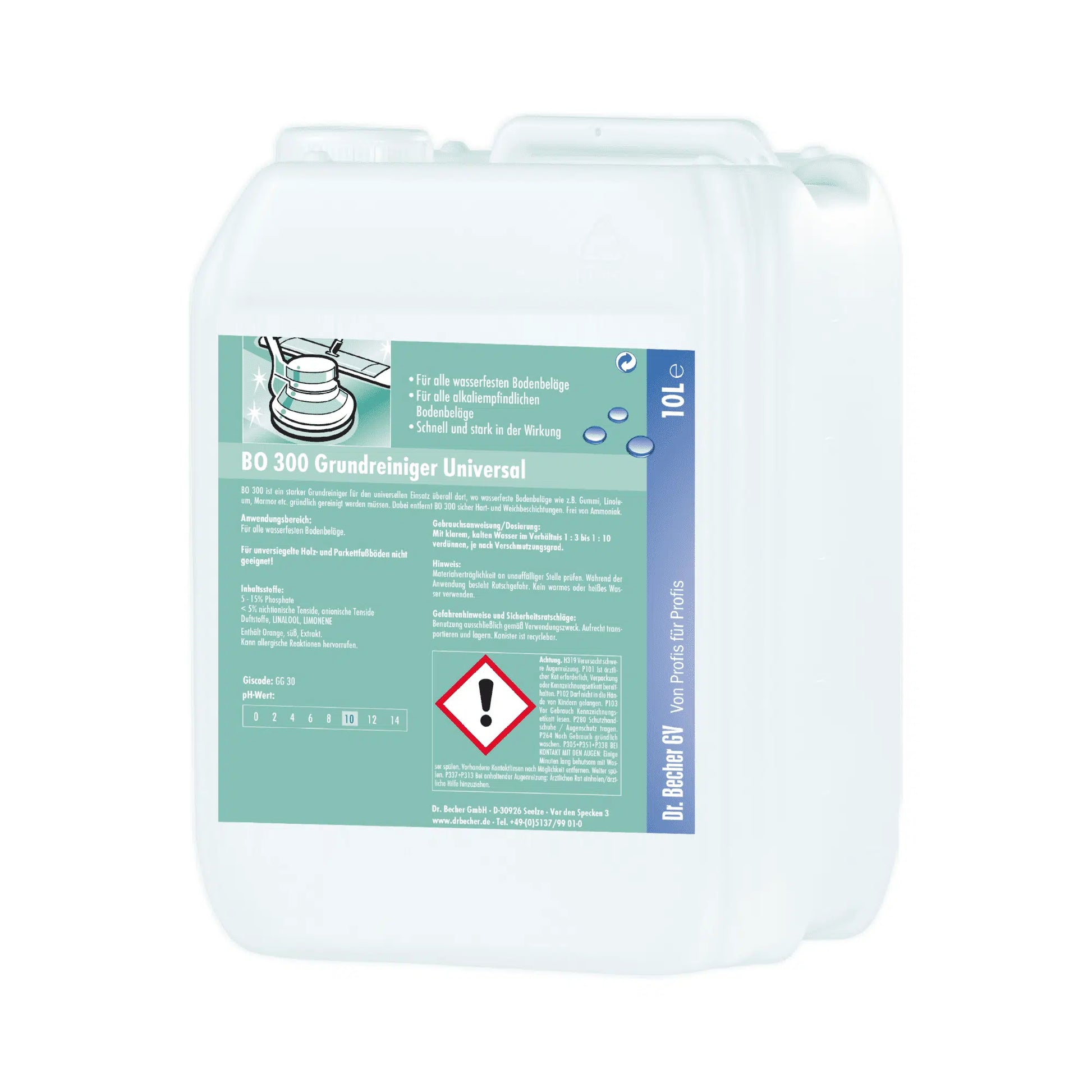 Ein weißer 10-Liter-Behälter der Dr. Becher GmbH mit grünem Etikett mit der Aufschrift „Dr. Becher BO 300 Grundreiniger Universal“ in deutscher Sprache enthält Sicherheitssymbole und Hinweise zur Reinigung wasserfester Bodenbeläge. Er verfügt über einen Tragegriff und einen Schraubverschluss.