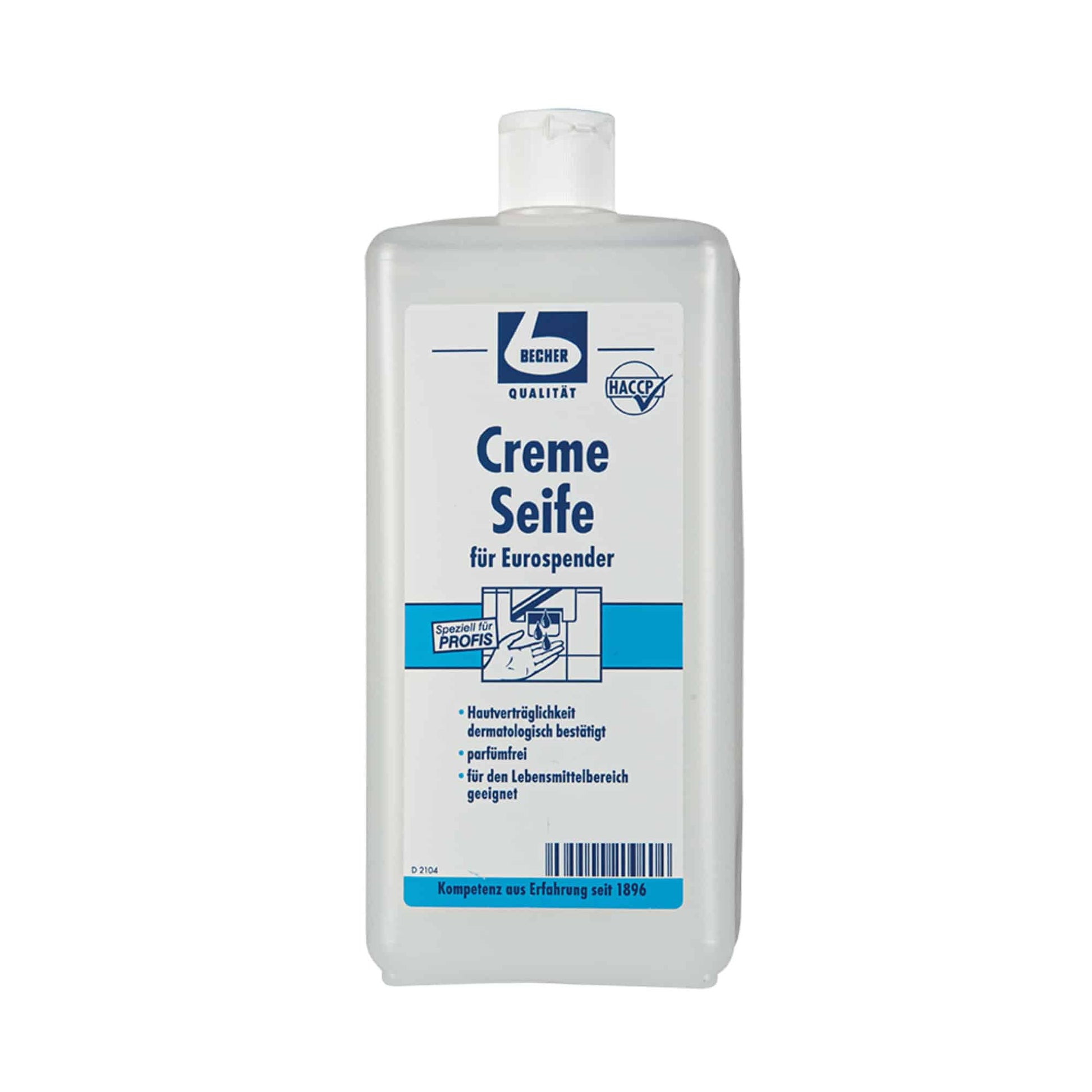Eine rechteckige weiße Flasche Dr. Becher Cremeseife mit deutschem Etikett mit Marken- und Produktdetails. Der weiße Verschluss mit blauen und schwarzen Akzenten garantiert pH-hautfreundlich und dermatologisch getestet eine schonende Pflege.