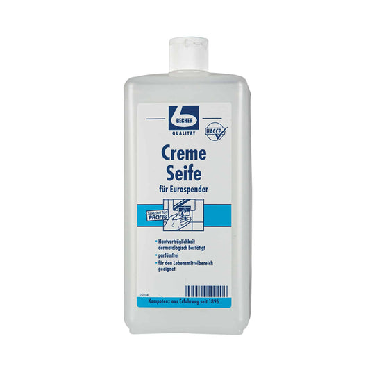 Eine rechteckige weiße Flasche Dr. Becher Cremeseife mit deutschem Etikett mit Marken- und Produktdetails. Der weiße Verschluss mit blauen und schwarzen Akzenten garantiert pH-hautfreundlich und dermatologisch getestet eine schonende Pflege.
