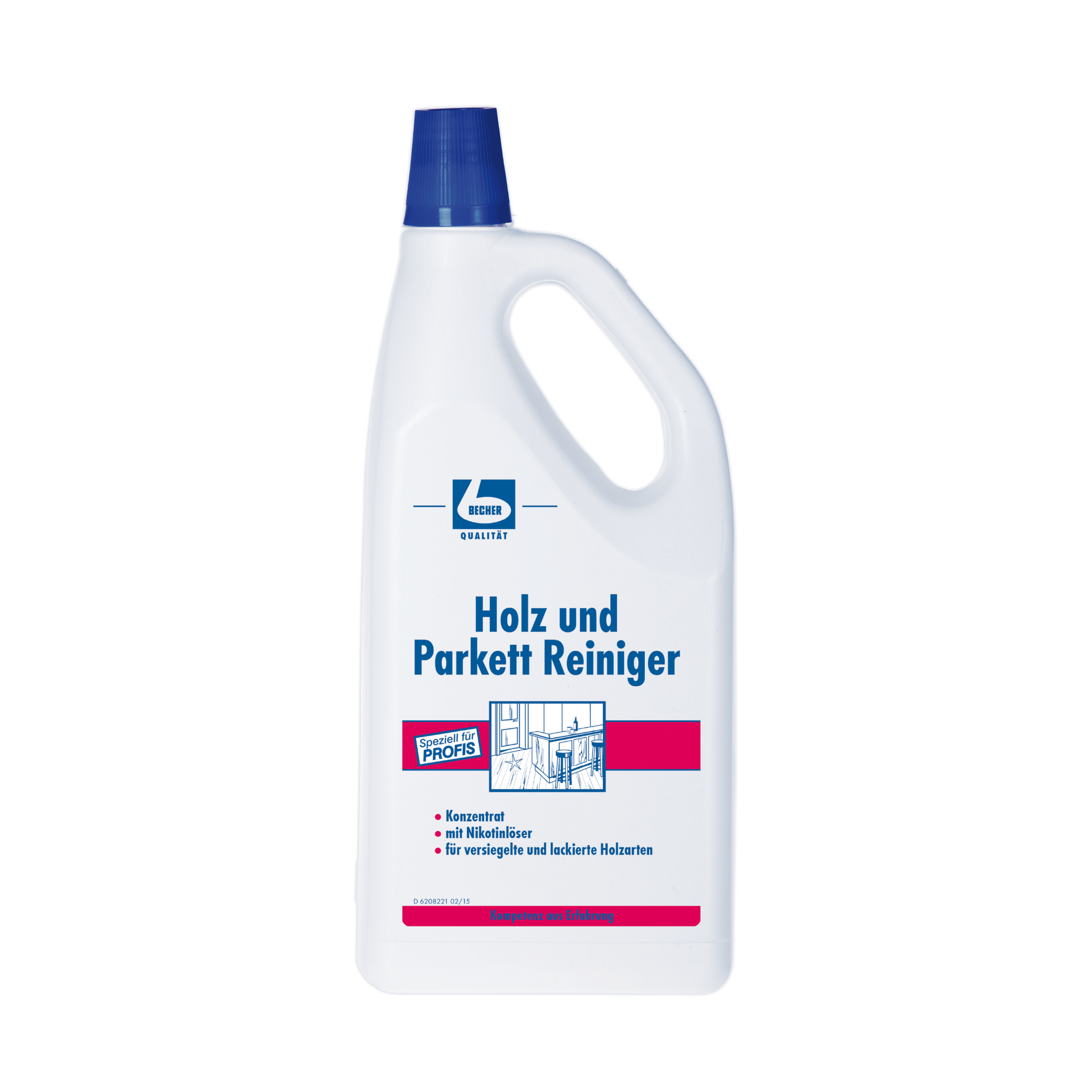 Der Dr. Becher Holz und Parkett Reiniger, eine 1-Liter-Plastikflasche in Weiß mit blauem Deckel und Griff, weist rote und blaue Akzente auf. Die deutsche Aufschrift „Reinigung von versiegeltem und lackiertem Holz und Parkett“ unterstreicht seine Wirksamkeit. Marke: Dr. Becher GmbH.