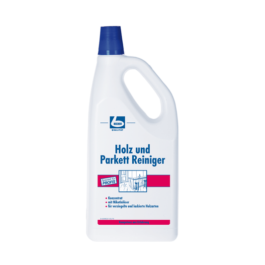 Der Dr. Becher Holz und Parkett Reiniger, eine 1-Liter-Plastikflasche in Weiß mit blauem Deckel und Griff, weist rote und blaue Akzente auf. Die deutsche Aufschrift „Reinigung von versiegeltem und lackiertem Holz und Parkett“ unterstreicht seine Wirksamkeit. Marke: Dr. Becher GmbH.
