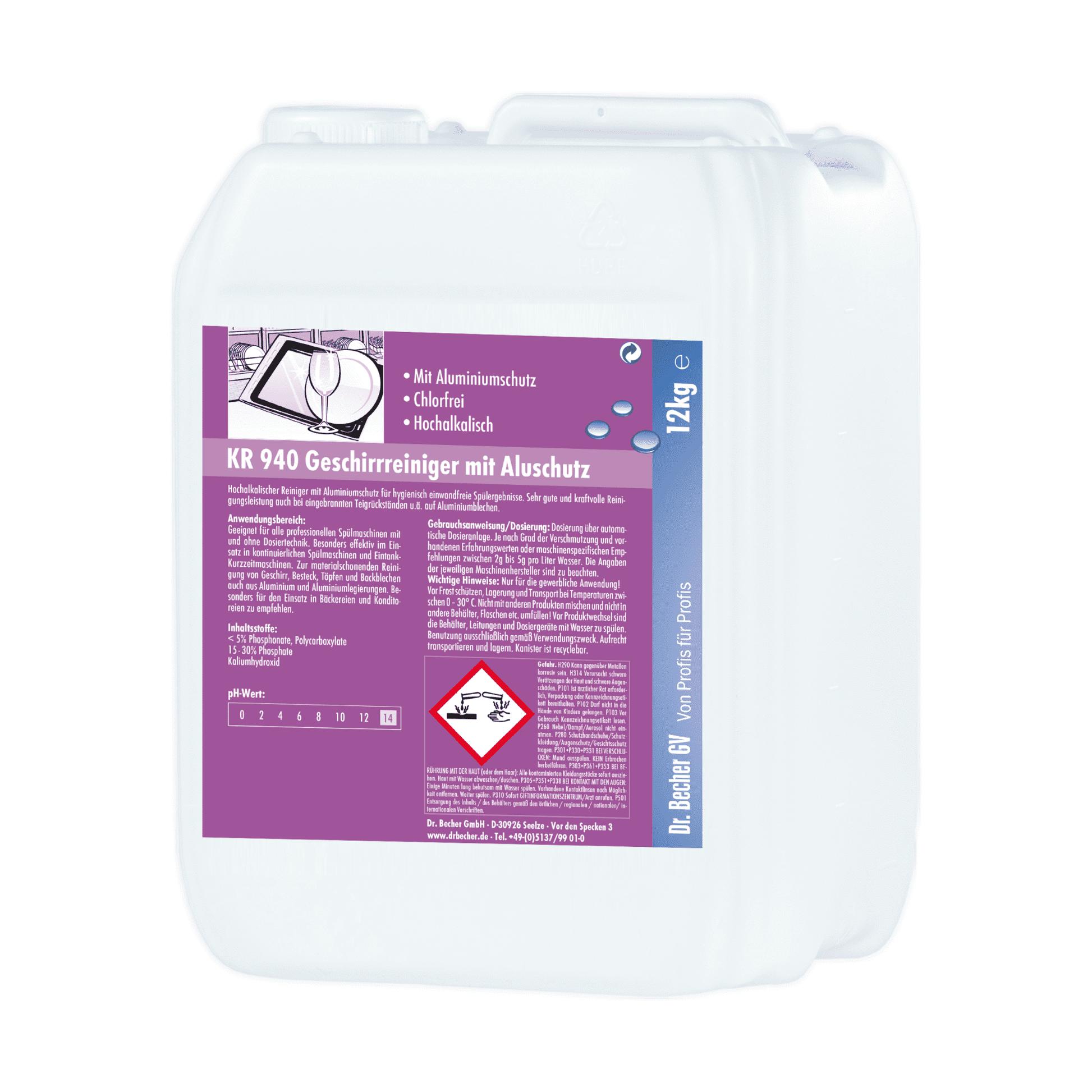 Der 12 kg Dr. Becher KR 940 Geschirrreiniger mit Aluschutz von Dr. Becher GmbH ist ein weißer Behälter mit integriertem Griff und einem violetten Etikett mit deutschen Anweisungen, Symbolen und Warnhinweisen zu seinen hochalkalischen Reinigungseigenschaften und seinem Aluminiumschutz.