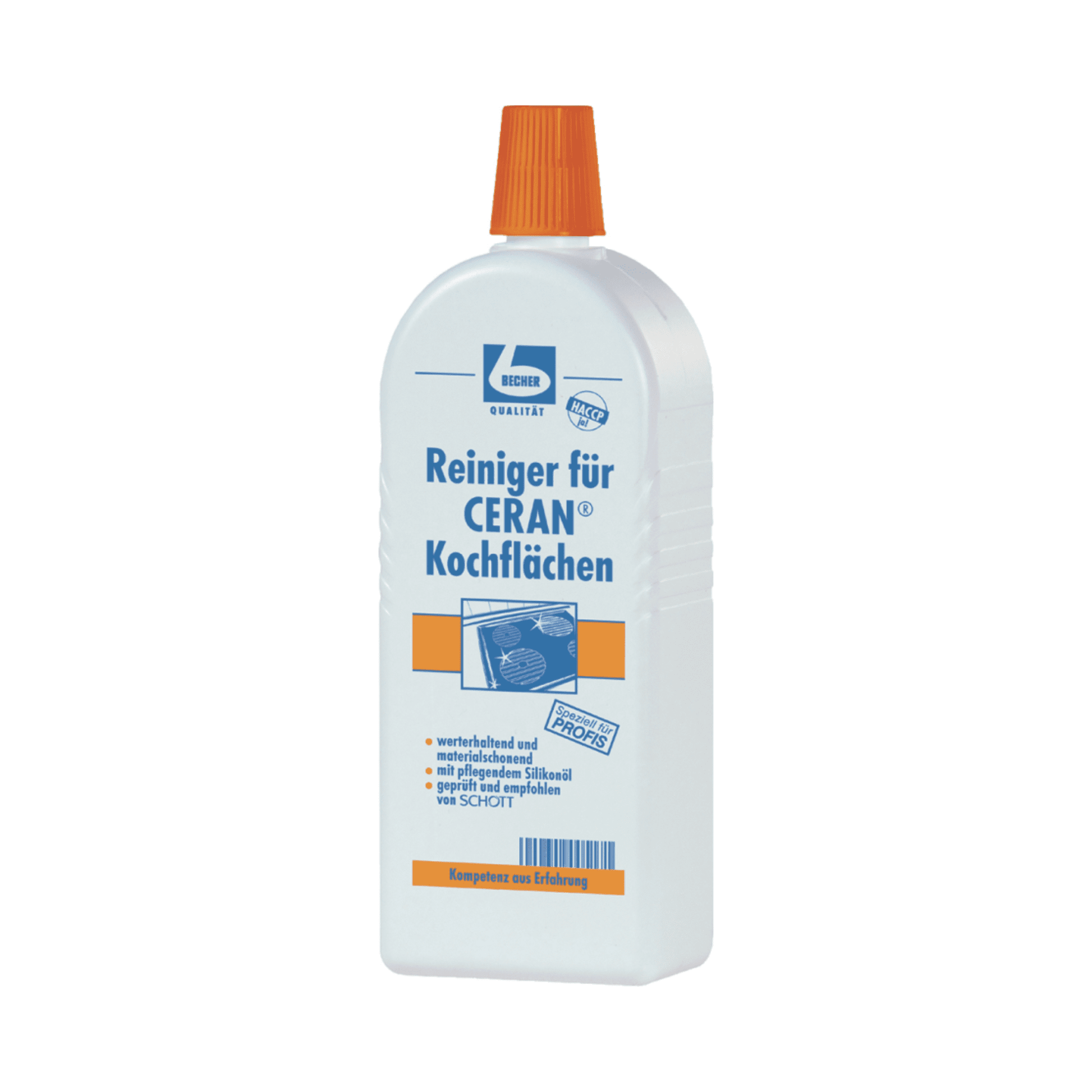 Weiße 500-ml-Flasche mit orangefarbenem Verschluss und der Aufschrift "Dr. Becher Glaskeramik Reiniger für CERAN® Kochflächen" sowie einer blauen Abbildung auf der Vorderseite. Marke: Dr. Becher GmbH.