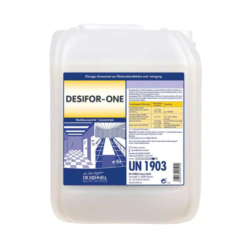 Ein weißer 5-Liter-Behälter mit der Aufschrift „Dr. Schnell Desifor-One Flächendesinfektion“, der auffällig ein blau-gelbes Design mit Text und Diagrammen zeigt. Dieses Produkt der DR.SCHNELL GmbH & Co. KGaA ist ein flüssiges Konzentrat, das ohne Aldehyde zur Oberflächenreinigung und -desinfektion formuliert wurde.