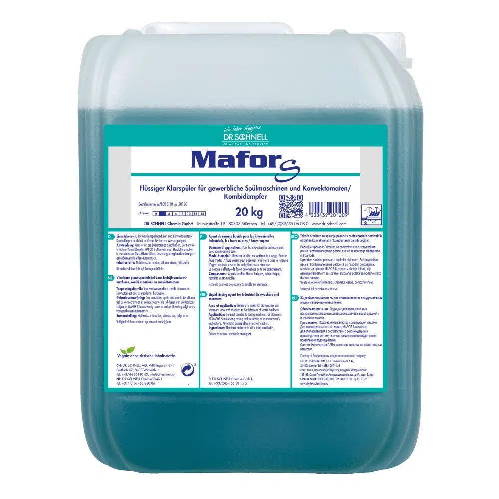 Abgebildet ist ein 20 kg-Behälter Dr. Schnell MAFOR S Klarspüler von DR.SCHNELL GmbH & Co. KGaA. Dieser durchsichtige Behälter enthält eine blaugrüne Flüssigkeit, die für ihre streifenfreien Trocknungseigenschaften bekannt ist. Auf dem Etikett sind ausführliche Produktinformationen in deutscher Sprache zu finden, was ihn perfekt für gewerbliche Spülmaschinen macht.