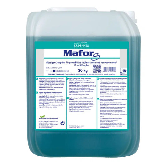 Abgebildet ist ein 20 kg-Behälter Dr. Schnell MAFOR S Klarspüler von DR.SCHNELL GmbH & Co. KGaA. Dieser durchsichtige Behälter enthält eine blaugrüne Flüssigkeit, die für ihre streifenfreien Trocknungseigenschaften bekannt ist. Auf dem Etikett sind ausführliche Produktinformationen in deutscher Sprache zu finden, was ihn perfekt für gewerbliche Spülmaschinen macht.