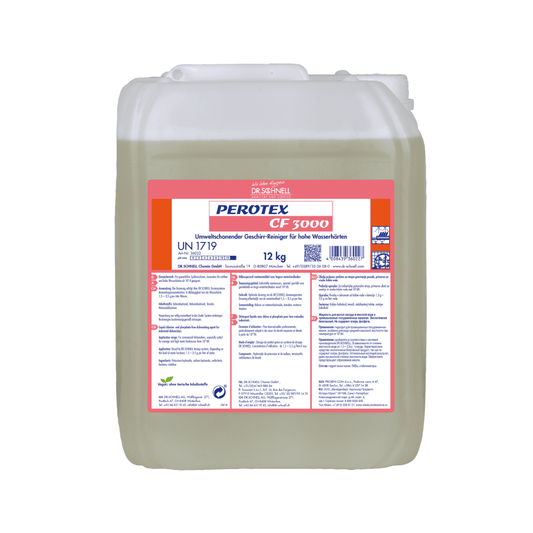 Ein 12 kg-Behälter Dr. Schnell Perotex CF 3000 Geschirrreiniger, ein phosphatfreier Reiniger der DR.SCHNELL GmbH & Co. KGaA, mit weißem Deckel und deutscher Beschriftung mit Sicherheitshinweisen und Gefahrensymbolen. Ideal für hohe Wasserhärten.