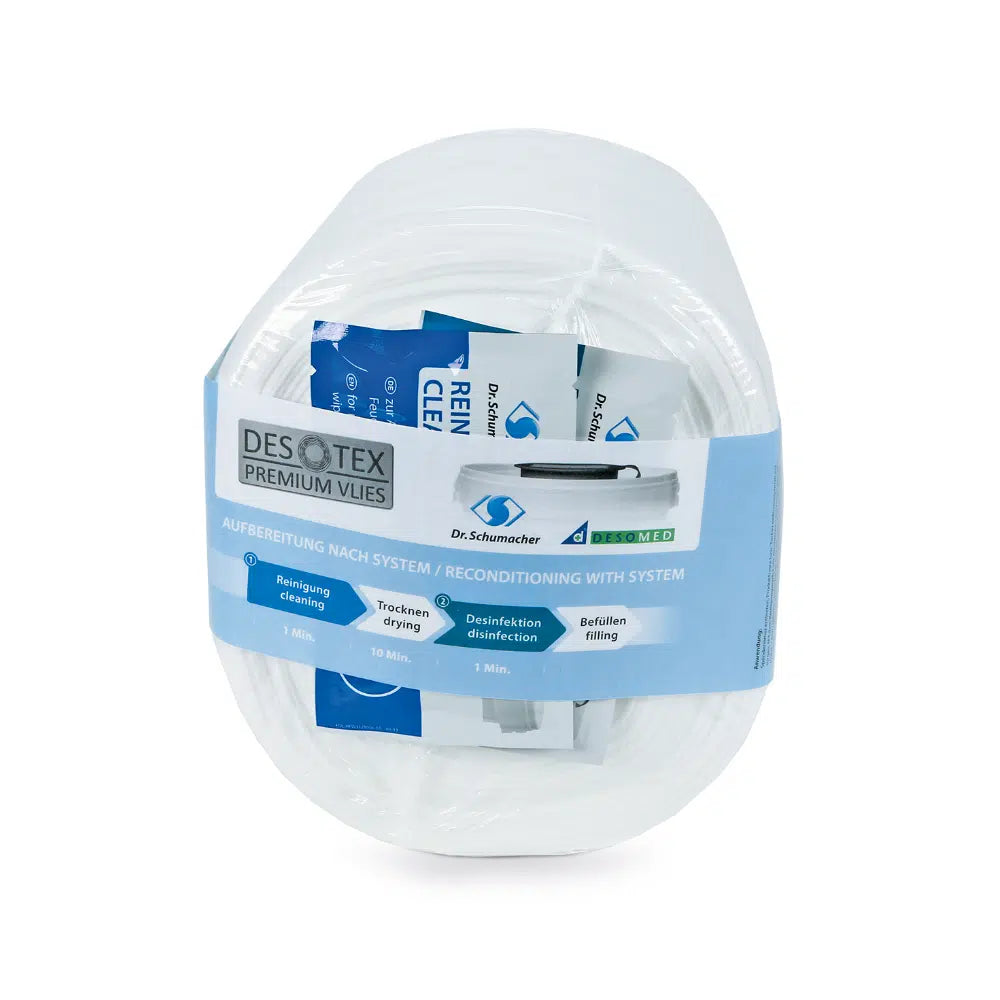 Bild einer Dr. Schumacher Eco Wipes Vliestücher-Packung der Dr. Schumacher GmbH. Die weiße Packung mit blauer und grüner Beschriftung ist für die Flächendesinfektion bestimmt und beinhaltet Reinigungsprodukte zur hygienischen Aufbereitung. Die versiegelte Packung ist für den professionellen Gebrauch bestimmt.