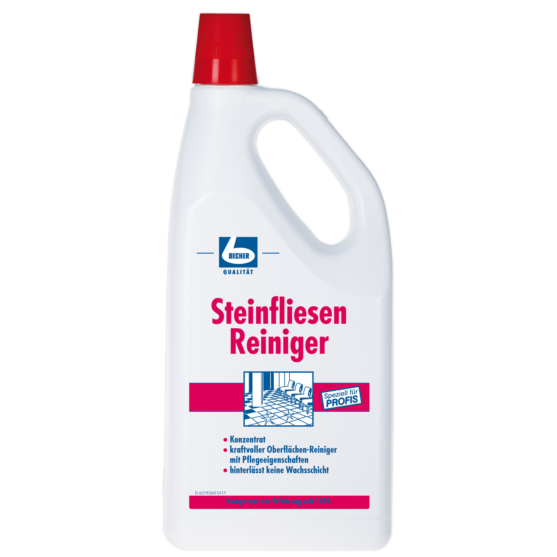 Eine weiße Plastikflasche „Dr. Becher Fliesen Reiniger“ mit rotem Verschluss und rot-blauem Etikett ist für die Reinigung von Steinfliesen bestimmt. Das Etikett betont professionelle Qualität und Oberflächenschutz.
