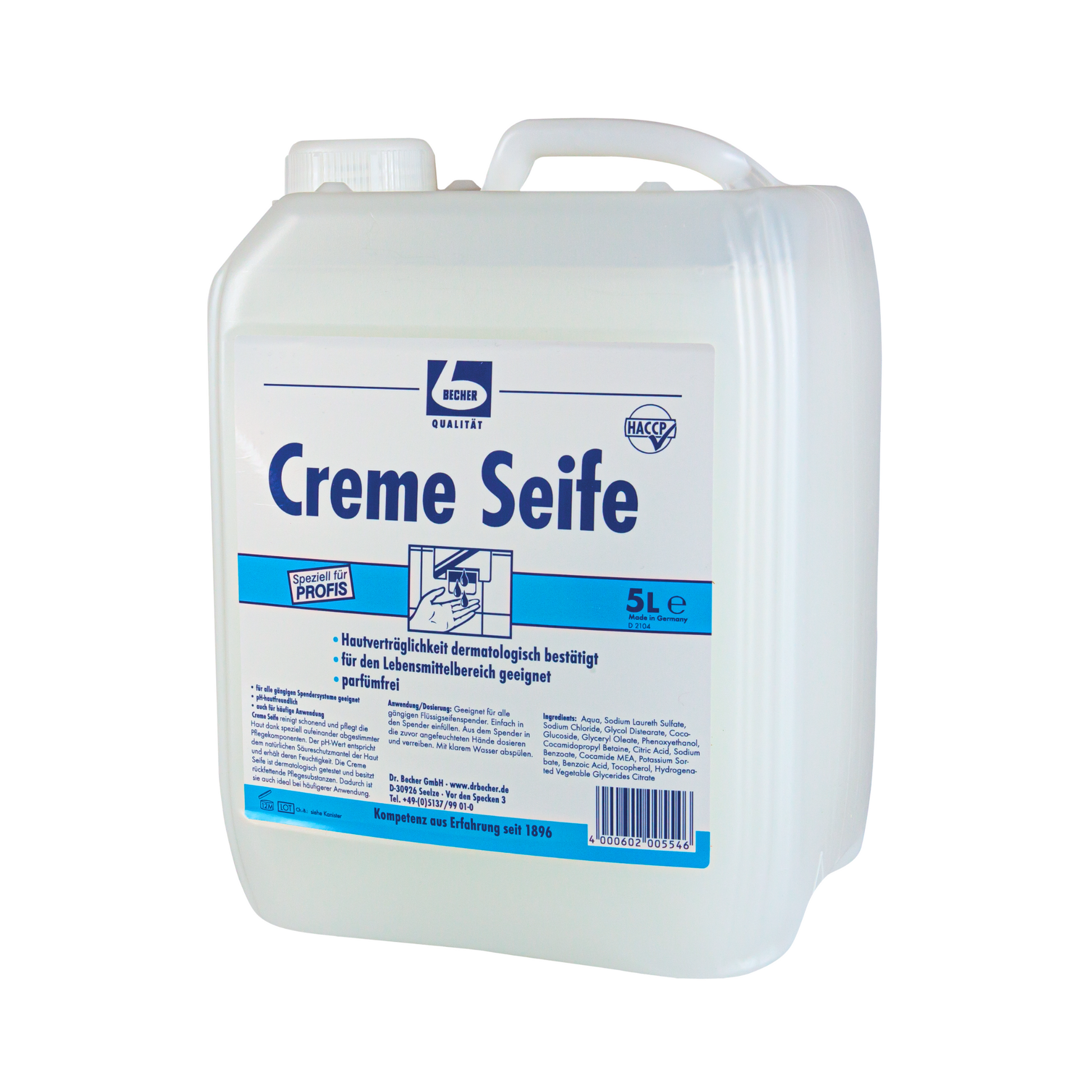 Die Dr. Becher GmbH bietet die Dr. Becher Cremeseife im 5-Liter-Kunststoffbehälter mit blau-weißem Etikett und deutscher Beschriftung an. Sie ist dermatologisch getestet, pH-hautfreundlich und für den professionellen Einsatz geeignet. Ein Tragegriff erleichtert den Transport.