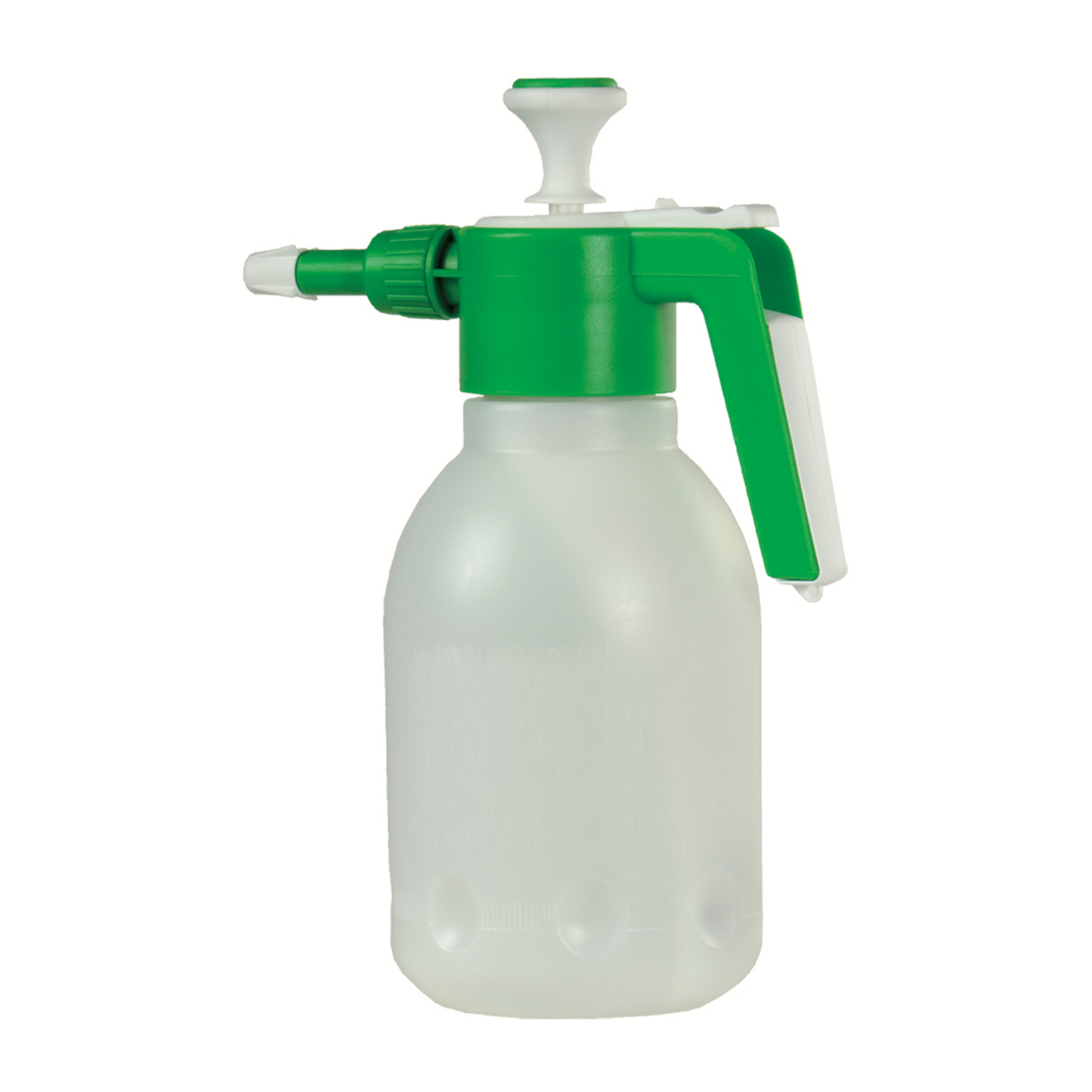 Ein Dr. Becher Drucksprüher SR 111 aus durchscheinendem Kunststoff mit grüner Düse und Griff verfügt über eine 1,5-Liter-Flasche, einen Pumpmechanismus für Druck, einen abgerundeten undurchsichtigen Korpus und leichte Einkerbungen in Bodennähe.