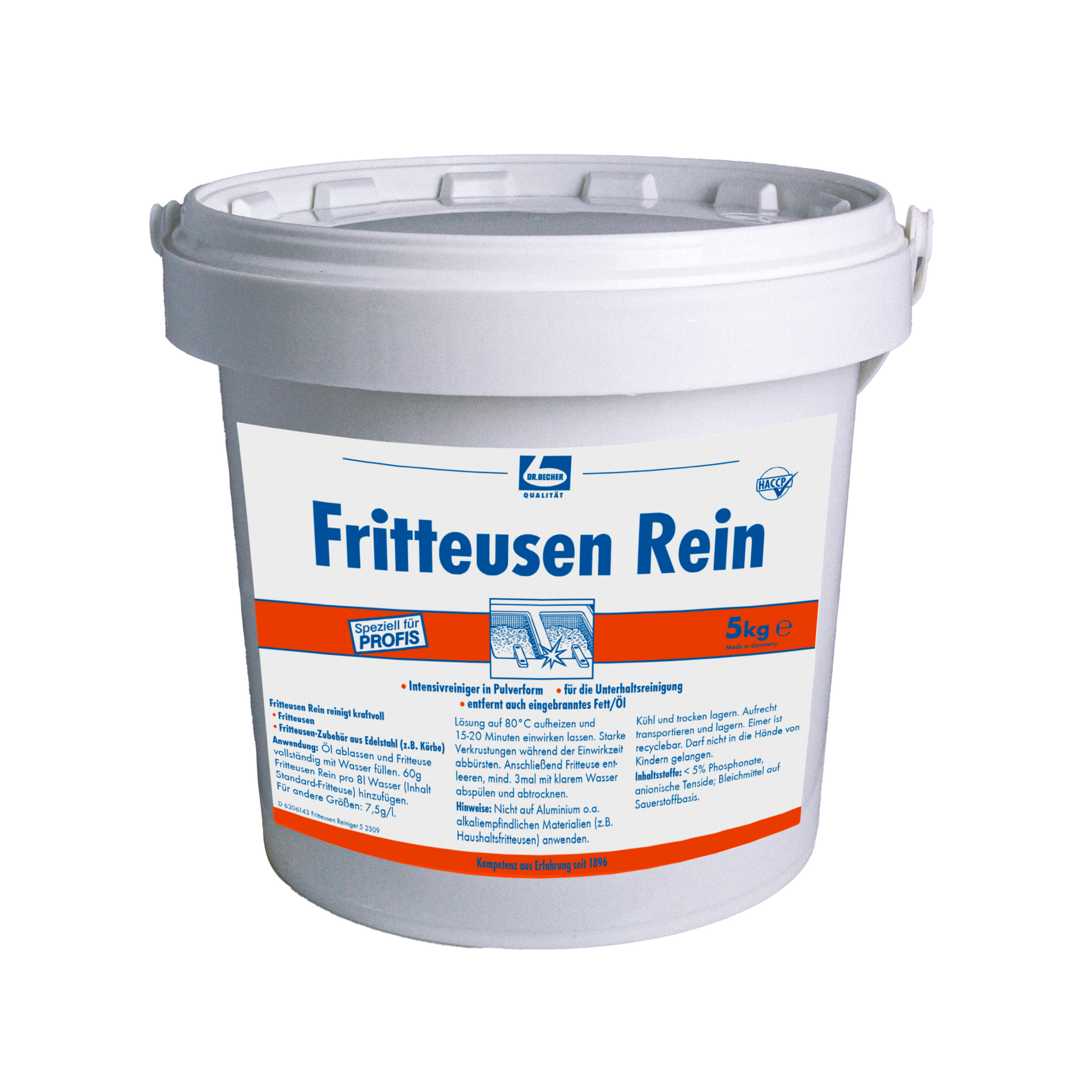 Ein weißer Kunststoffeimer Dr. Becher Fritteusen Rei Pulver (Dr. Becher GmbH), 5 kg, mit blau/orangefarbenem Textetikett in deutscher Sprache mit detaillierten Anwendungs- und Sicherheitshinweisen zum Entfernen von eingebranntem Fett aus Fritteusen.