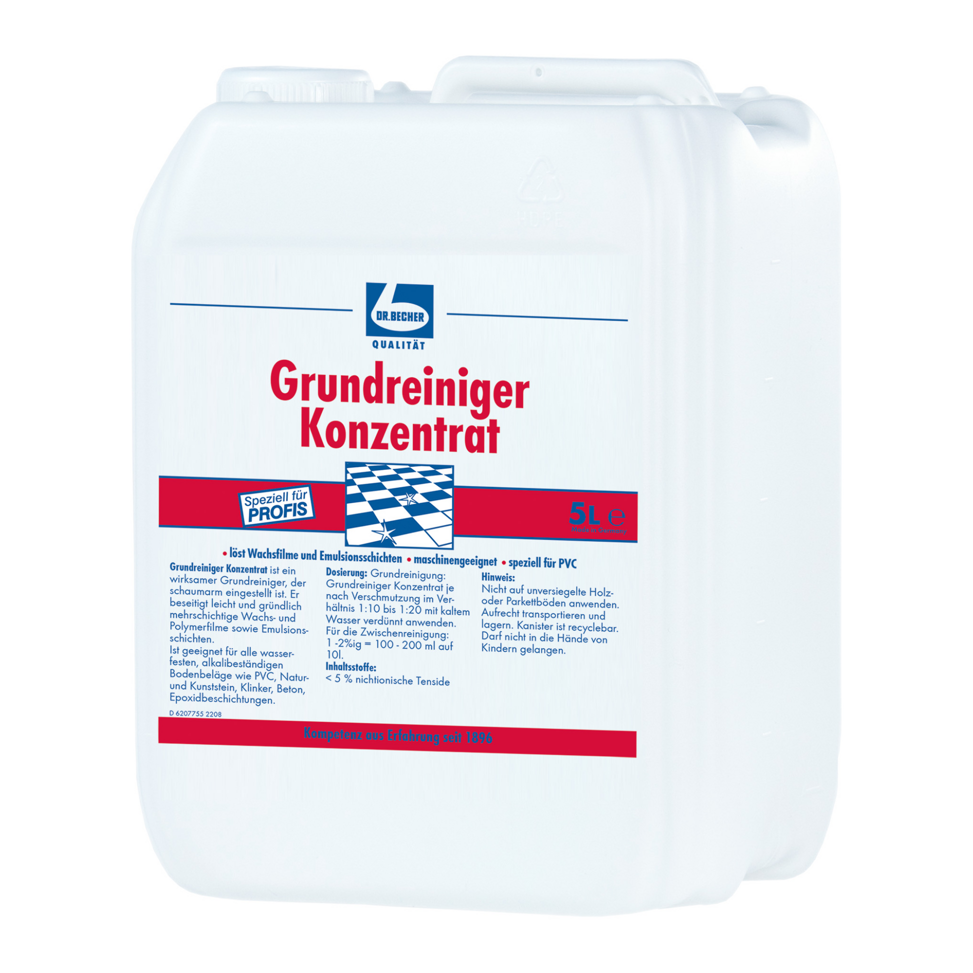 Ein 5-Liter-Kanister „Dr. Becher Grundreiniger Konzentrat“ der Dr. Becher GmbH stellt eine wirksame Reinigungsmittellösung dar. Das mit blau-rotem Text verzierte Etikett enthält wichtige Anwendungshinweise und Sicherheitsinformationen für verschiedene Bodenbeläge.