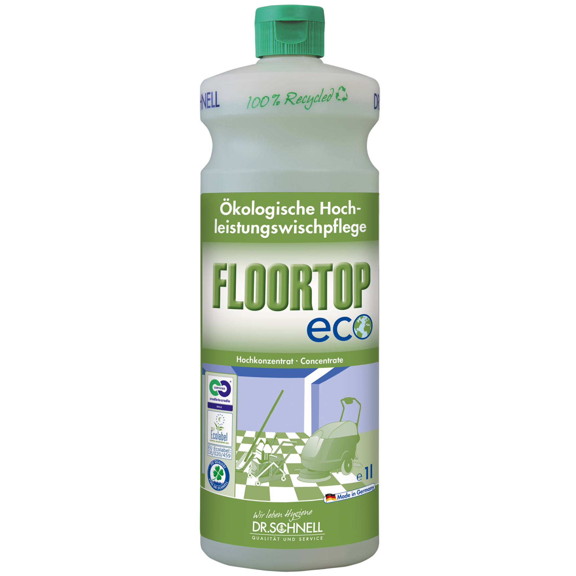 Eine 1-Liter-Flasche Dr. Schnell Floortop Eco Bodenreiniger, ein ökologischer Bodenreiniger der DR.SCHNELL GmbH & Co. KGaA, ist für wasserfeste Böden konzipiert. Das Etikett ist in den Farben Grün und Weiß gehalten, enthält deutschen Text und Recyclingsymbole und zeigt das Bild einer Person, die einen Boden wischt.