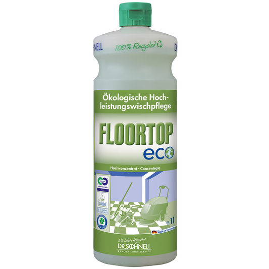 Eine 1-Liter-Flasche Dr. Schnell Floortop Eco Bodenreiniger, ein ökologischer Bodenreiniger der DR.SCHNELL GmbH & Co. KGaA, ist für wasserfeste Böden konzipiert. Das Etikett ist in den Farben Grün und Weiß gehalten, enthält deutschen Text und Recyclingsymbole und zeigt das Bild einer Person, die einen Boden wischt.