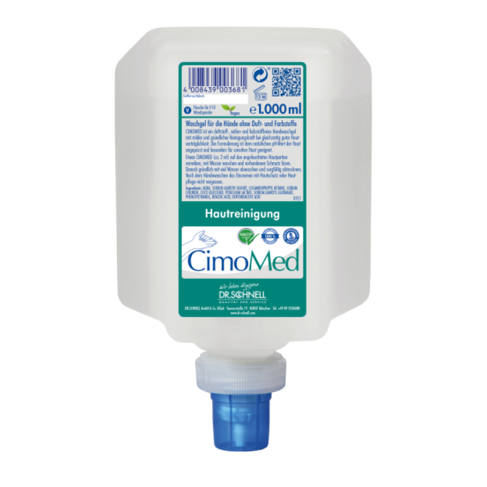 Eine 1000 ml Flasche Dr. Schnell CIMOMED Waschgel von DR.SCHNELL GmbH & Co. KGaA, dermatologisch getestet für empfindliche Haut, mit blauem Verschluss und deutscher Produktbezeichnung auf dem Etikett.